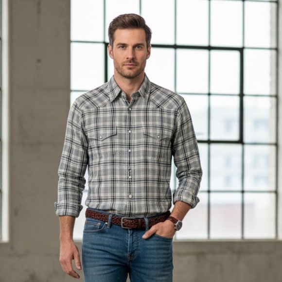 Todd Snyder Plaid Western Shirt in Light Grey Heather - Mens size M - Picture 2 of 5